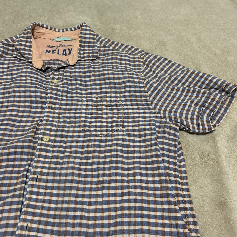 Tommy Bahama 100% Linen Button Down Mens‎ L Blue Orange Gingham short sleeve